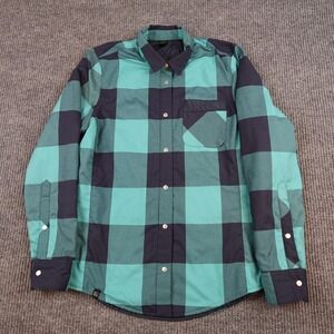 Flylow Quilted Shirt Jacket Mens Medium Green Black Plaid Snap Insulated Outdoor